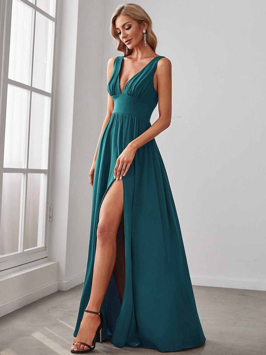 Chiffon High Slit Sleeveless V-Neck Empire Waist Evening Dress #color_Teal