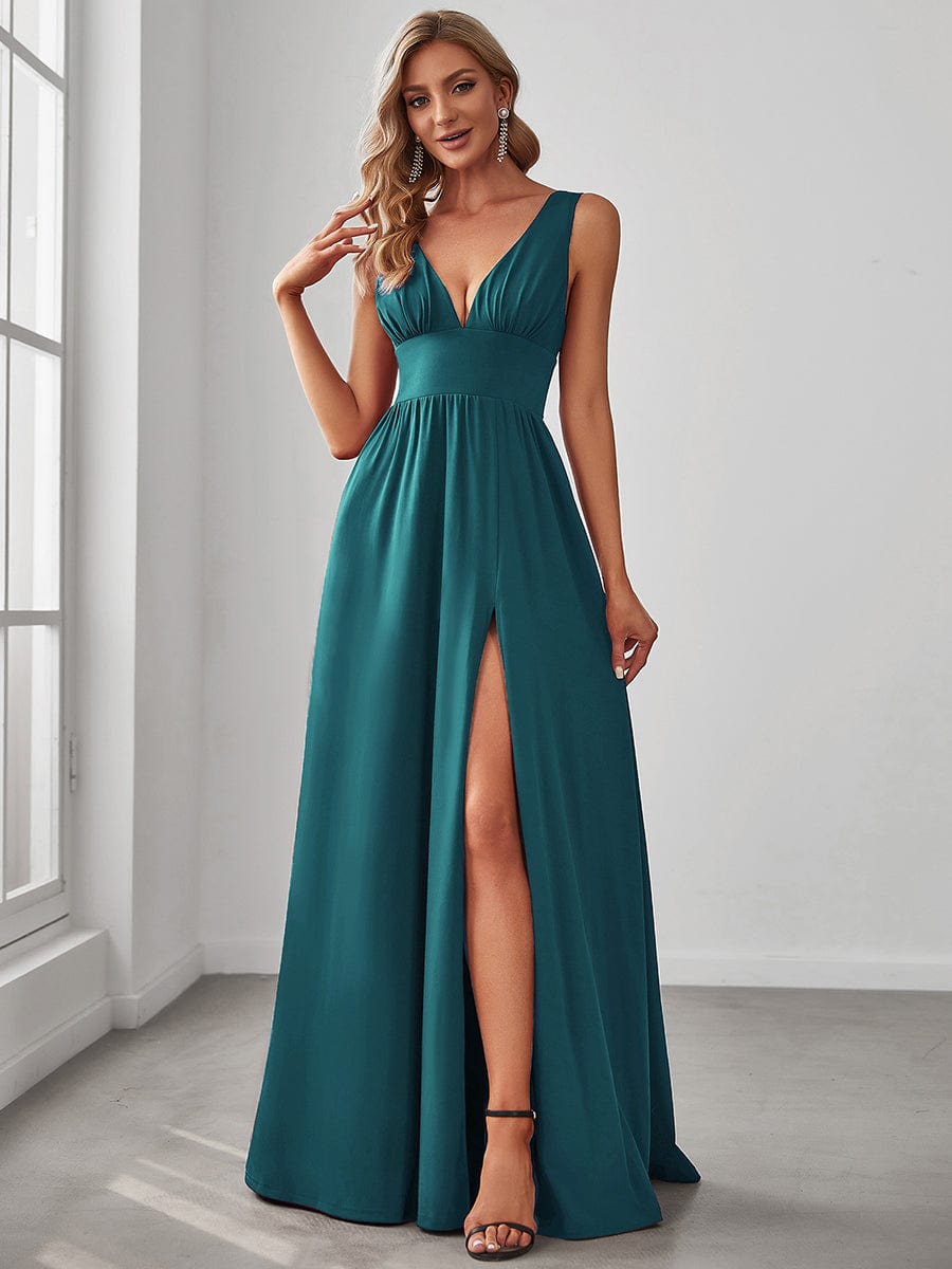 Chiffon High Slit Sleeveless V-Neck Empire Waist Evening Dress #color_Teal