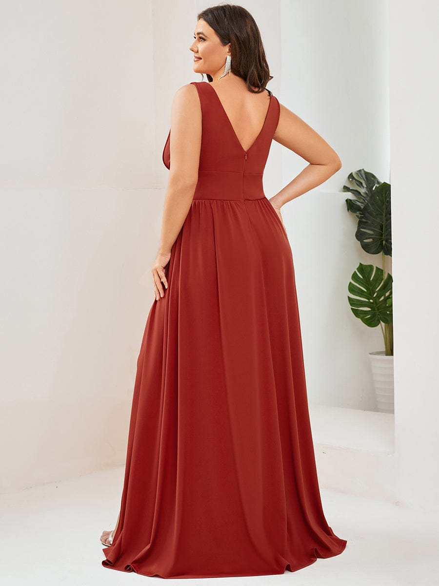 Chiffon High Slit Sleeveless V-Neck Empire Waist Evening Dress #color_Vermilion