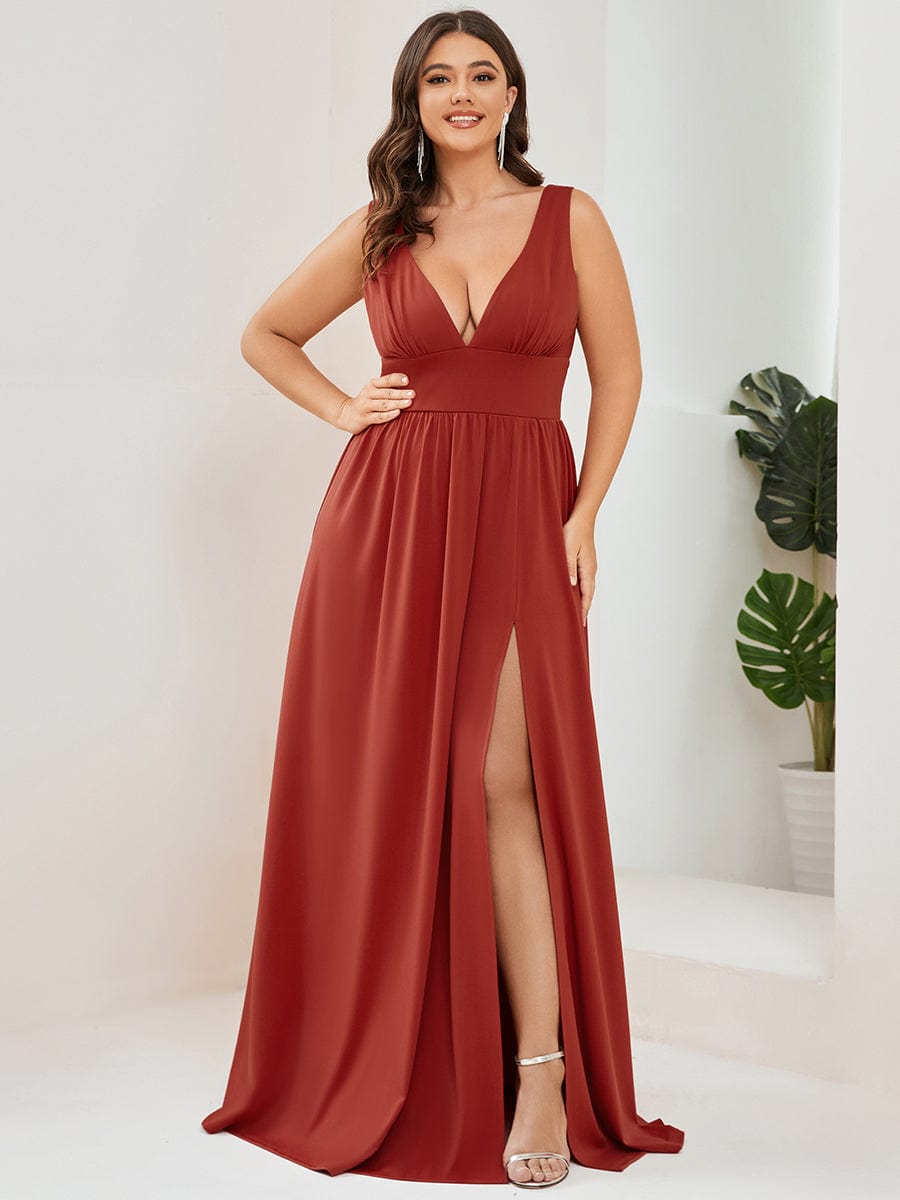 Chiffon High Slit Sleeveless V-Neck Empire Waist Evening Dress #color_Vermilion