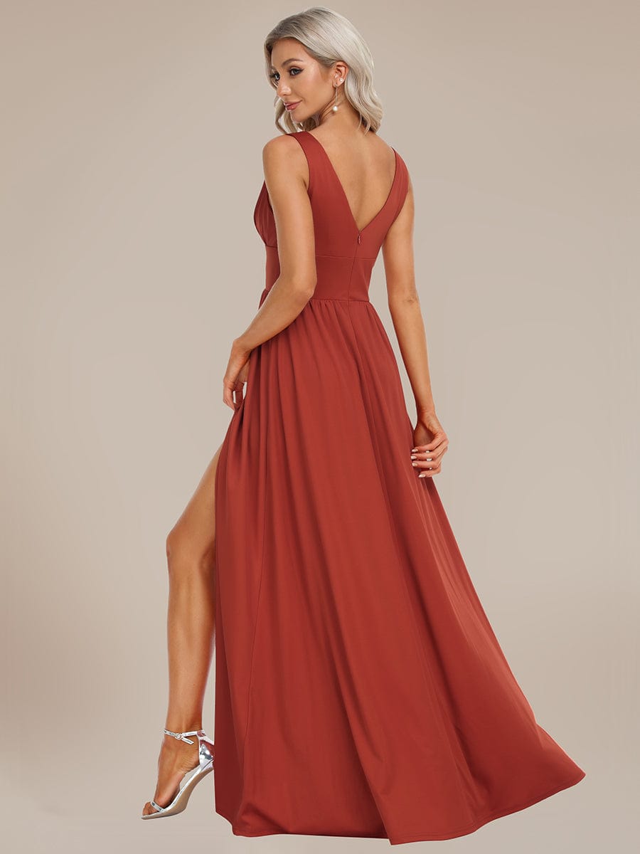 Chiffon High Slit Sleeveless V-Neck Empire Waist Evening Dress #color_Vermilion