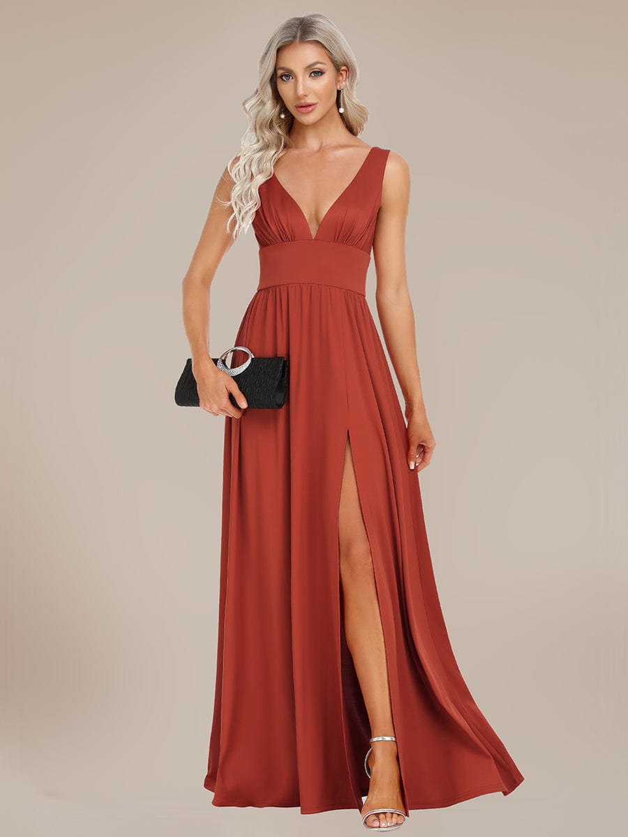 Chiffon High Slit Sleeveless V-Neck Empire Waist Evening Dress #color_Vermilion