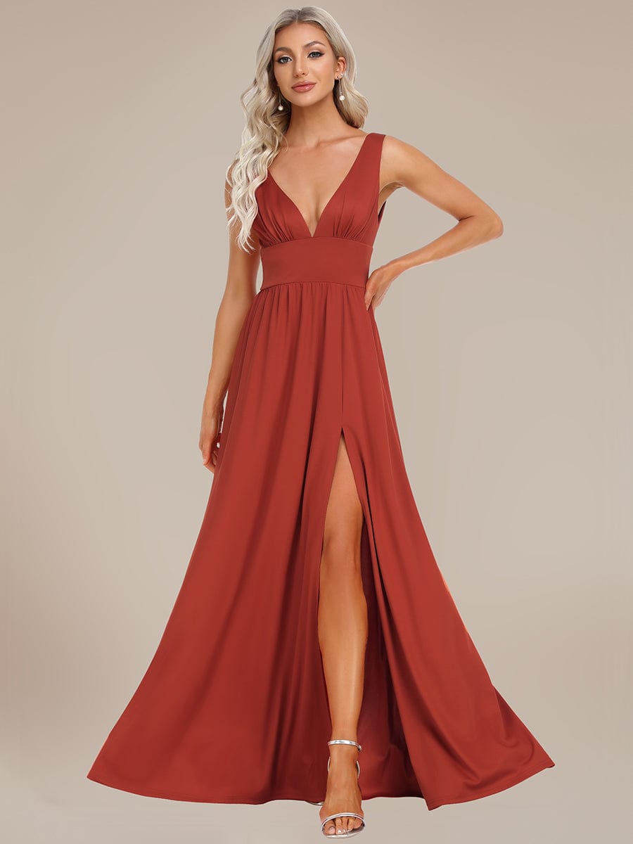 Chiffon High Slit Sleeveless V-Neck Empire Waist Evening Dress #color_Vermilion