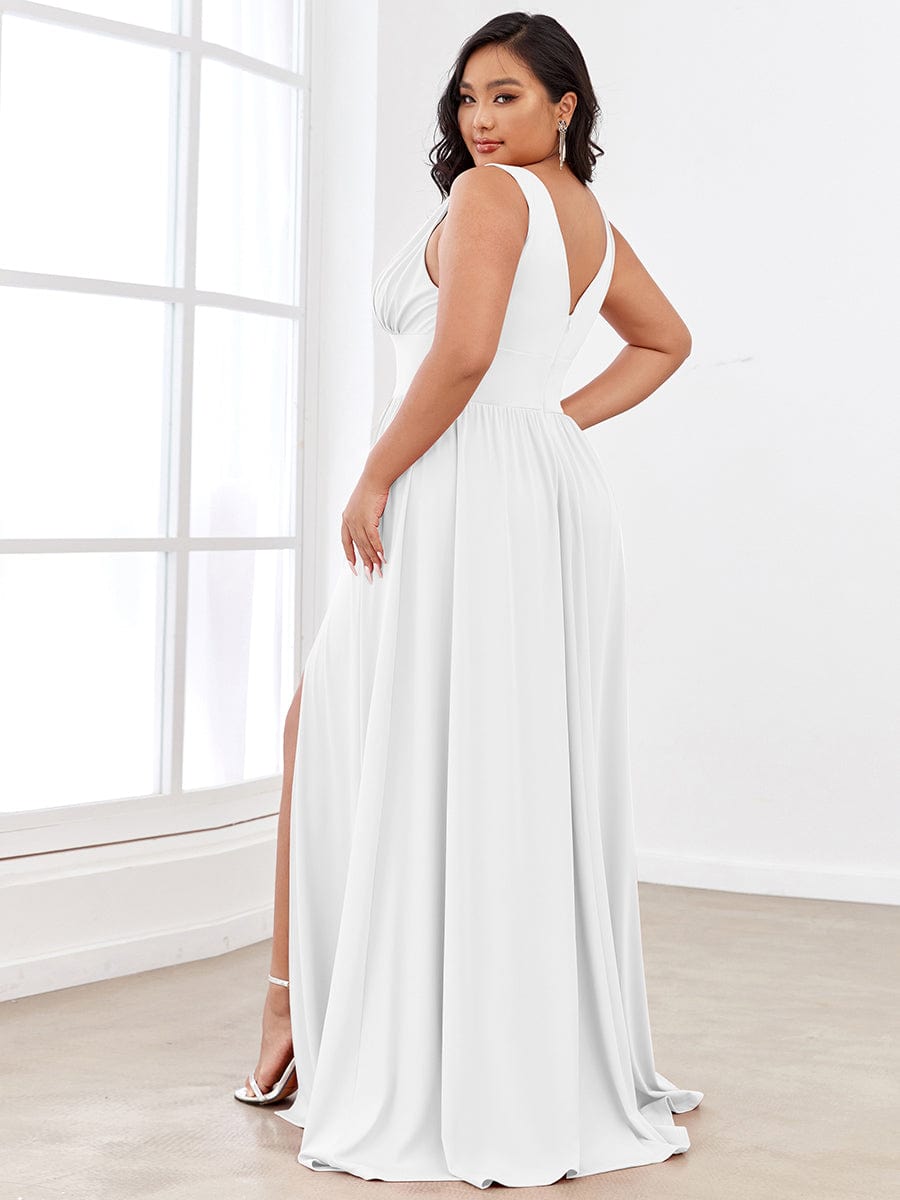 Plus Size Sleeveless V-Neck Empire Waist High Slit Floor-Length Evening Dress #color_White