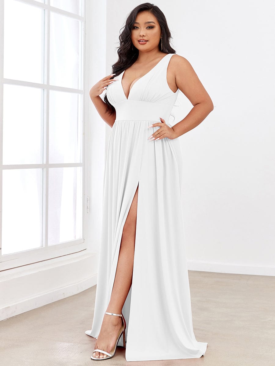 Chiffon High Slit Sleeveless V-Neck Empire Waist Evening Dress #color_White