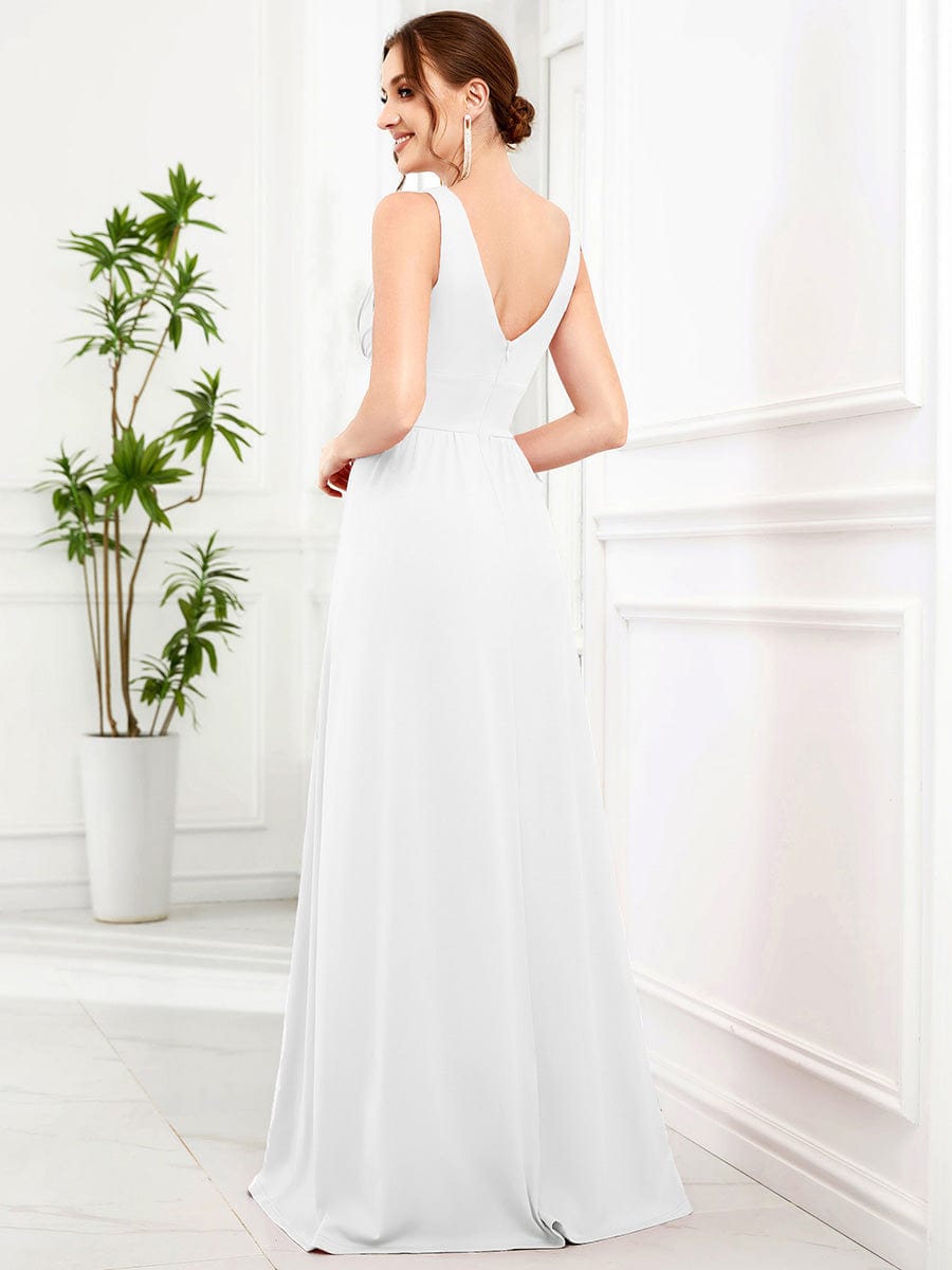 Chiffon High Slit Sleeveless V-Neck Empire Waist Evening Dress #color_White