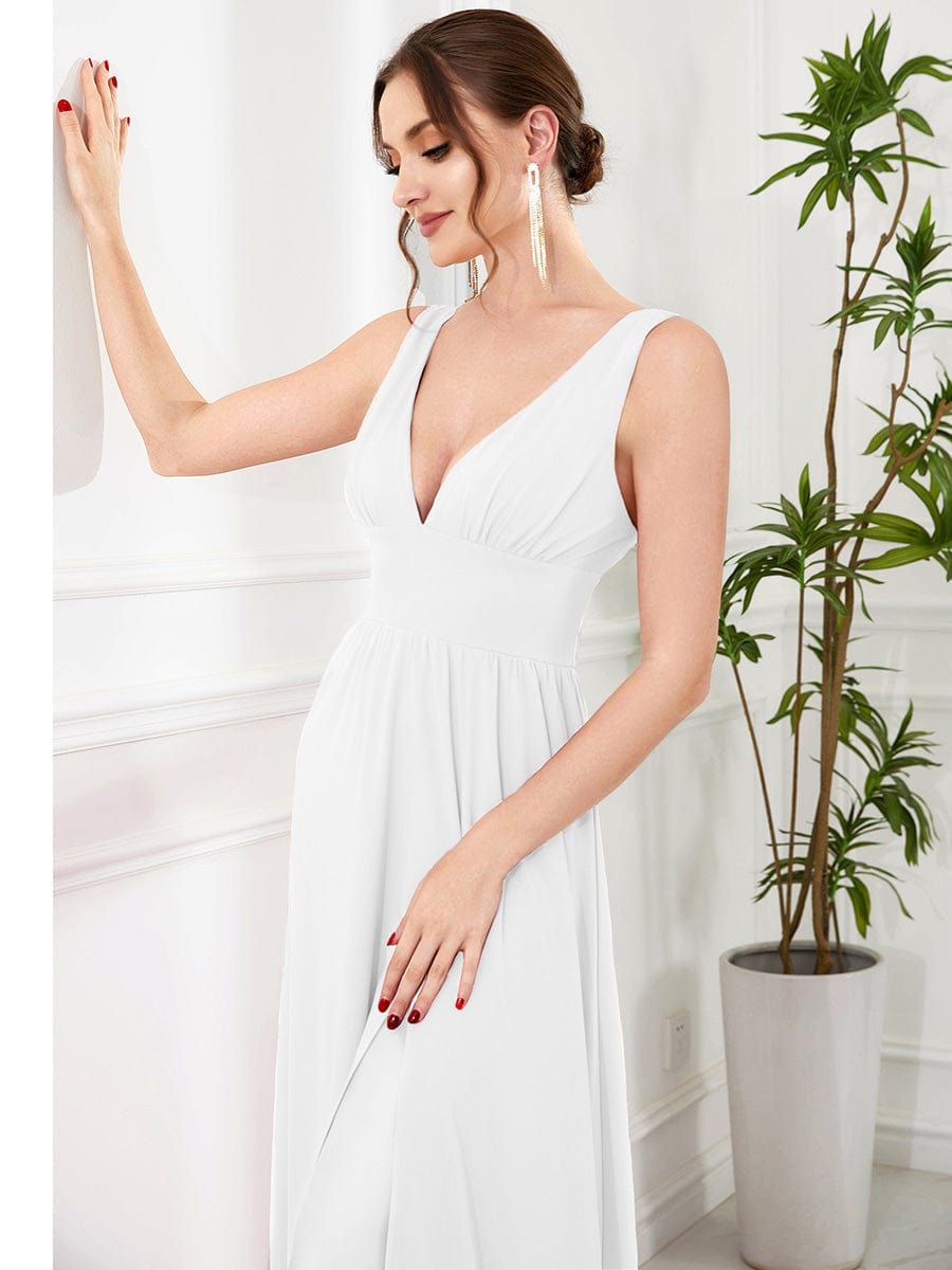 Chiffon High Slit Sleeveless V-Neck Empire Waist Evening Dress #color_White