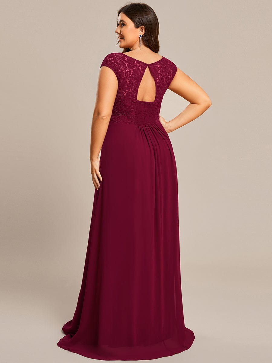 Elegant Chiffon Maxi Evening Dress with Lace Cap Sleeve #Color_Burgundy