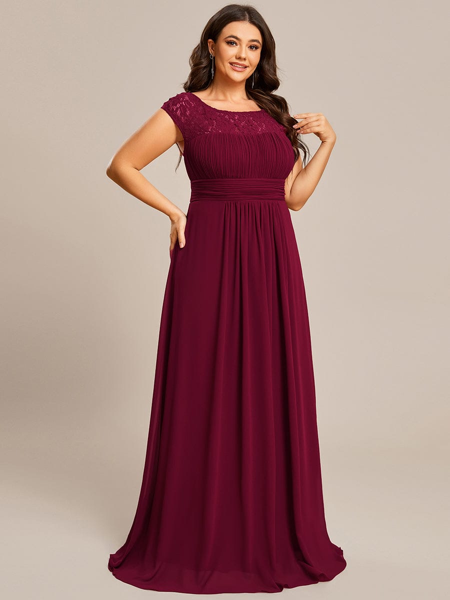 Elegant Chiffon Maxi Evening Dress with Lace Cap Sleeve #Color_Burgundy