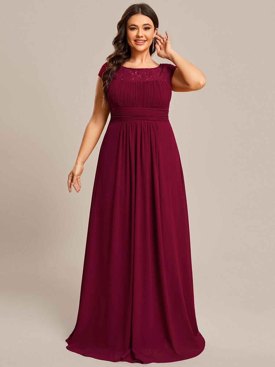 Plus Size Empire Waist Lace Bodice Evening Dress #Color_Burgundy