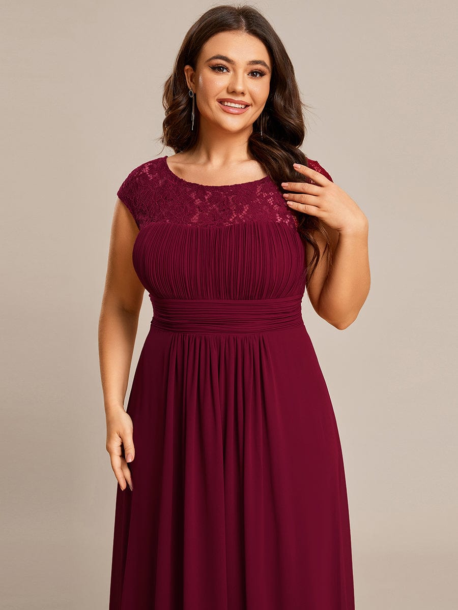 Elegant Chiffon Maxi Evening Dress with Lace Cap Sleeve #Color_Burgundy