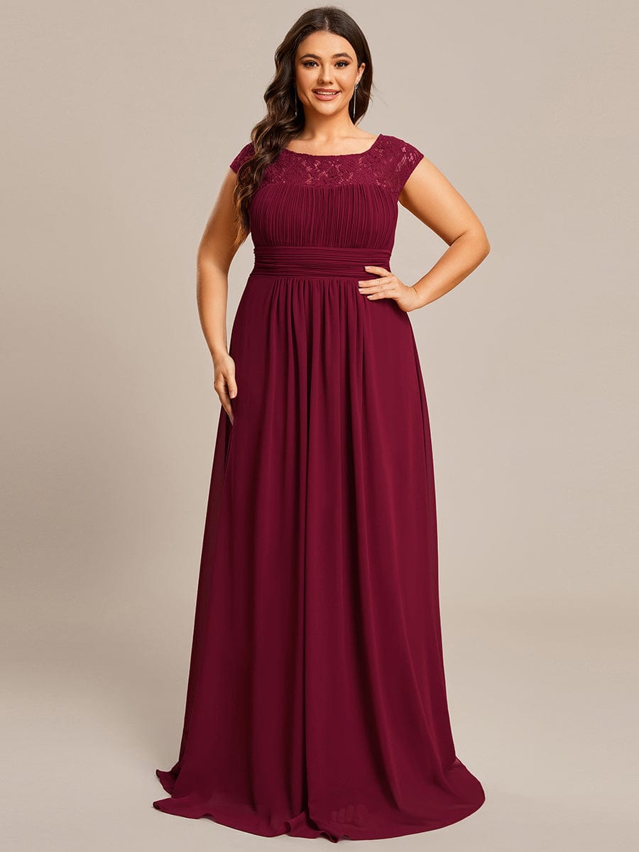 Plus Size Empire Waist Lace Bodice Evening Dress #Color_Burgundy