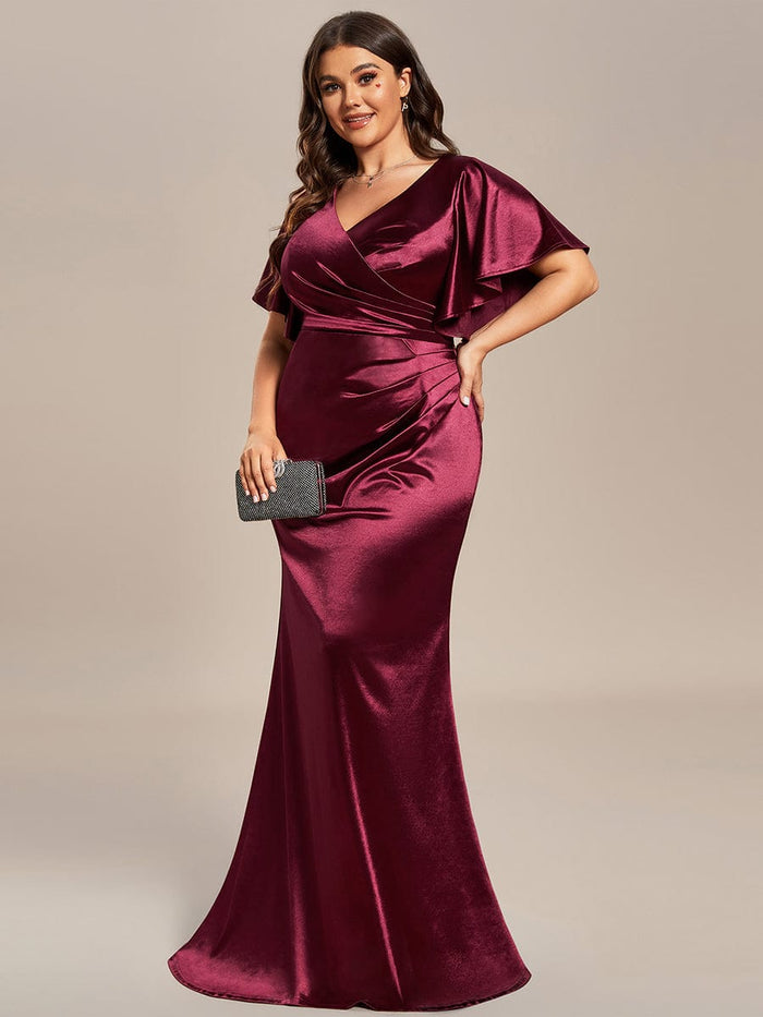 Plus Size V-Neck Ruffles Sleeve Pleated High Stretch Satin Evening ...