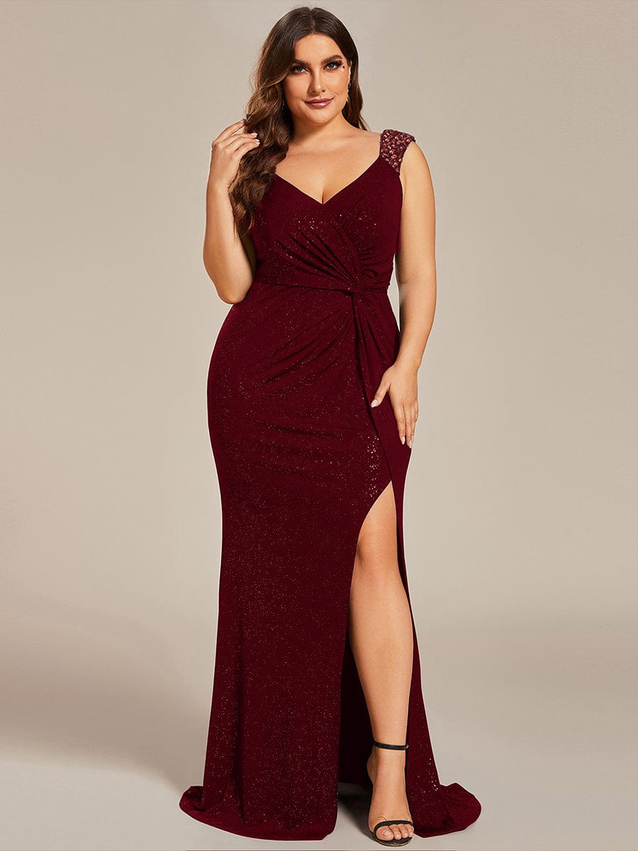 Custom Size Glitter V-Neck High Slit Sequin Shoulder Strap Evening Dress #color_Burgundy