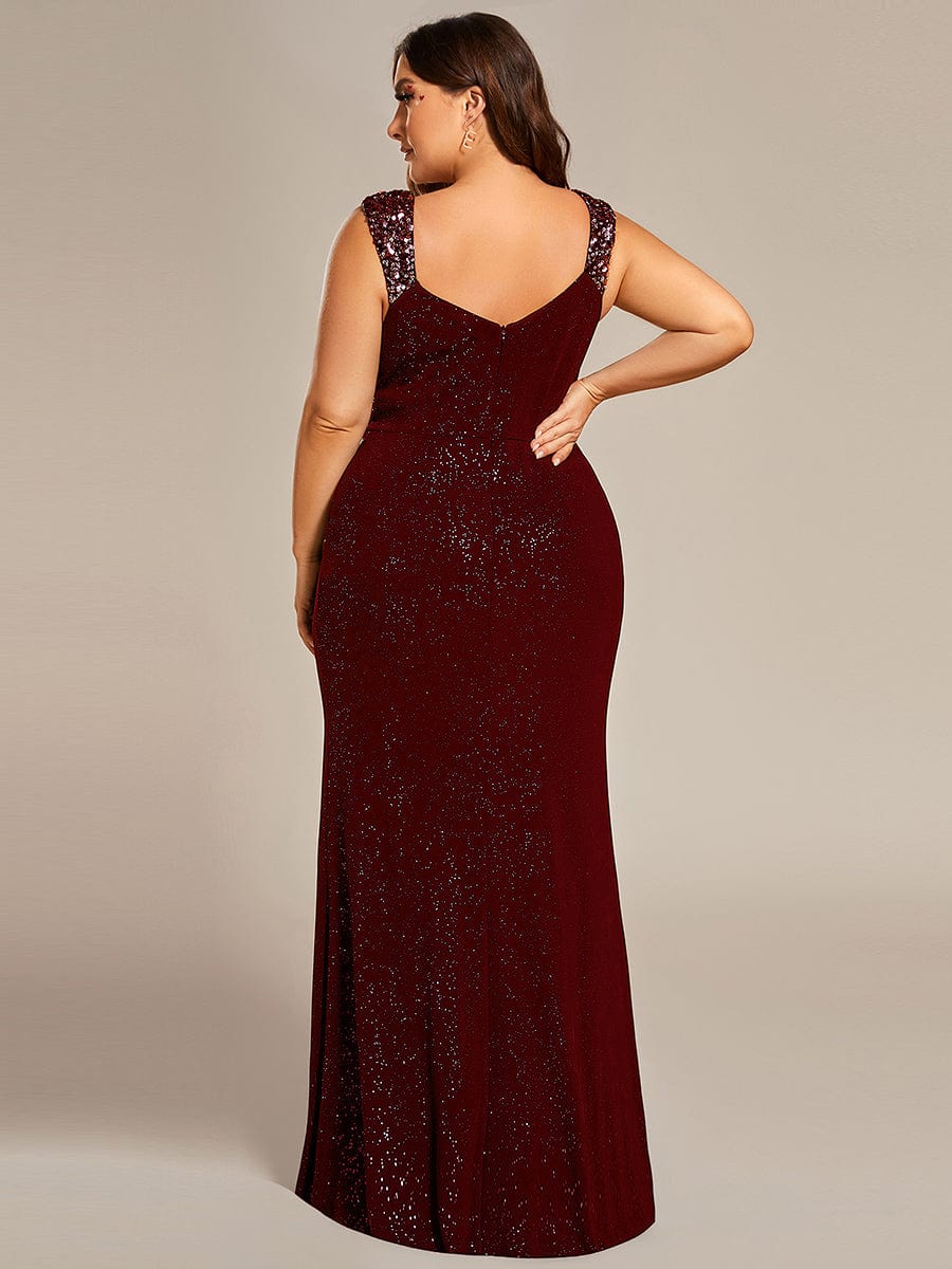 Glitter V-Neck High Slit Sequin Shoulder Strap Evening Dress #color_Burgundy