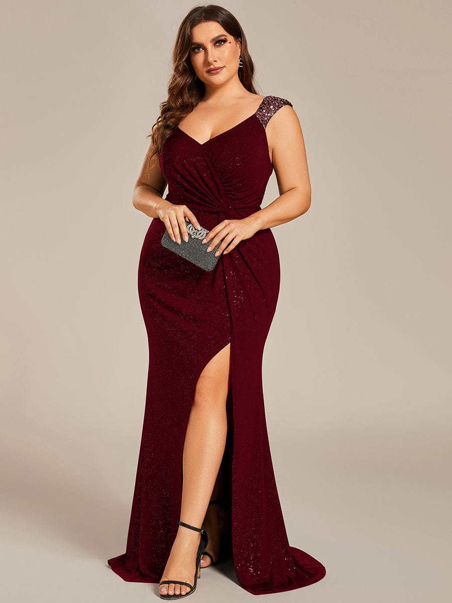 Plus Size Glitter V-Neck High Slit Sequin Shoulder Strap Evening Dress #color_Burgundy