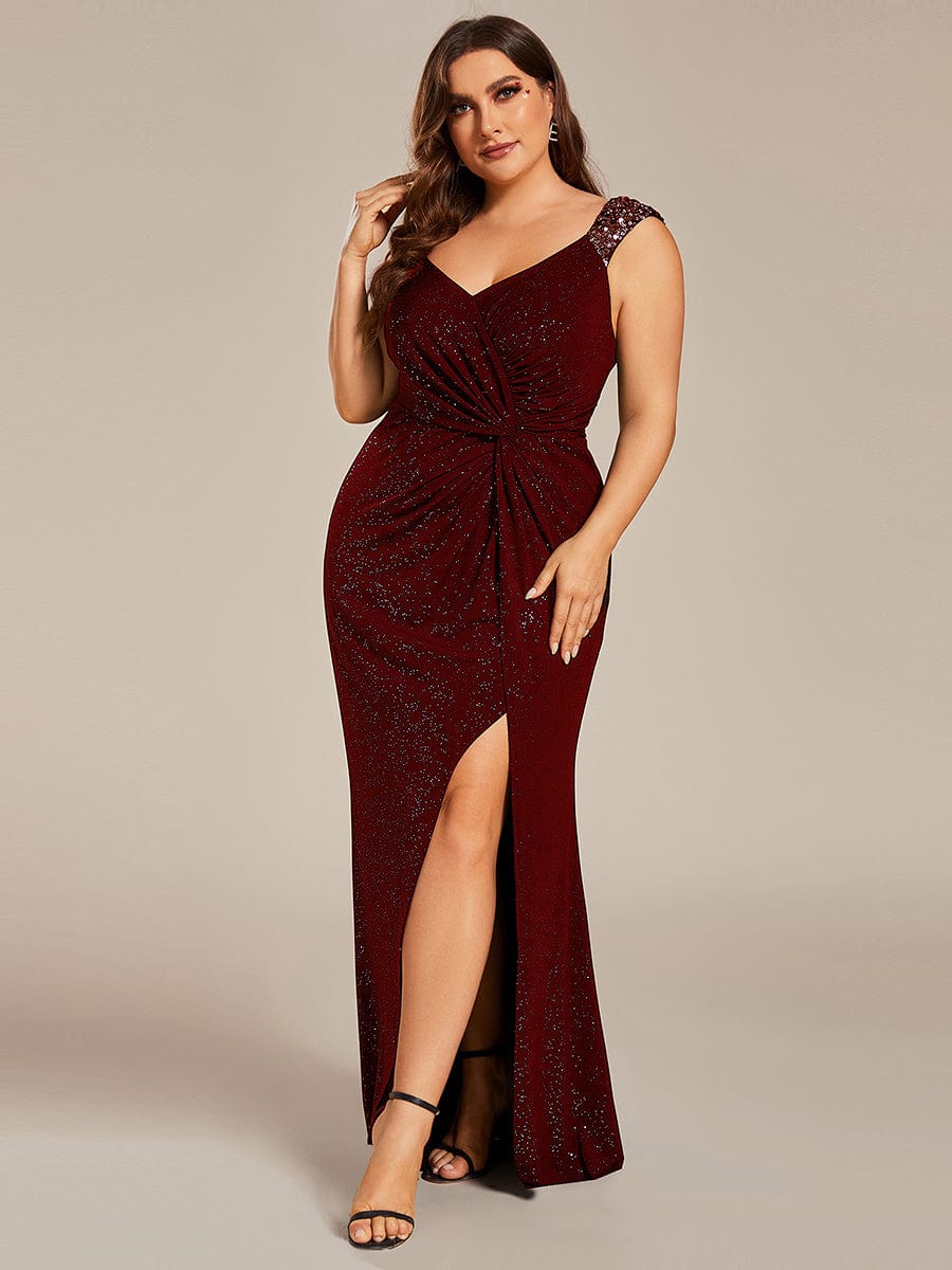 Plus Size Glitter V-Neck High Slit Sequin Shoulder Strap Evening Dress #color_Burgundy