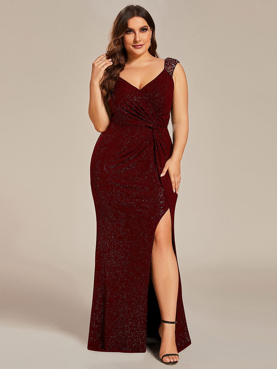 Plus Size Glitter V-Neck High Slit Sequin Shoulder Strap Evening Dress #color_Burgundy