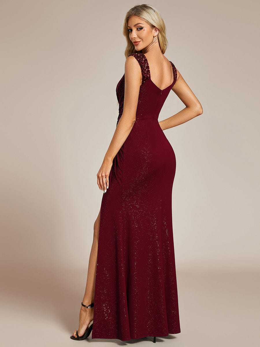 Glitter V-Neck High Slit Sequin Shoulder Strap Evening Dress #color_Burgundy