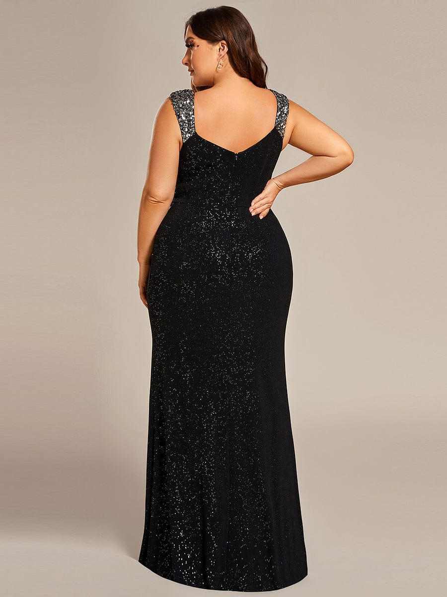 Custom Size Glitter V-Neck High Slit Sequin Shoulder Strap Evening Dress #color_Black