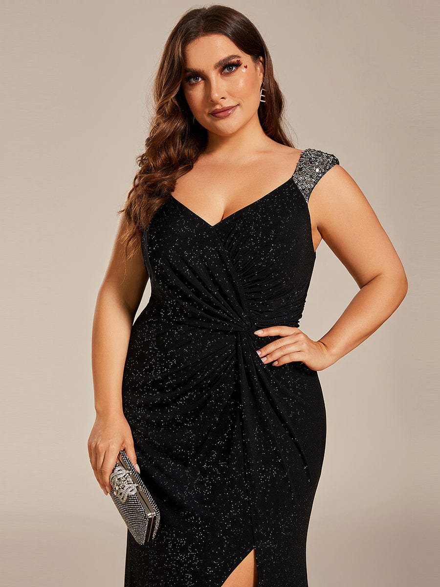 Plus Size Glitter V-Neck High Slit Sequin Shoulder Strap Evening Dress #color_Black