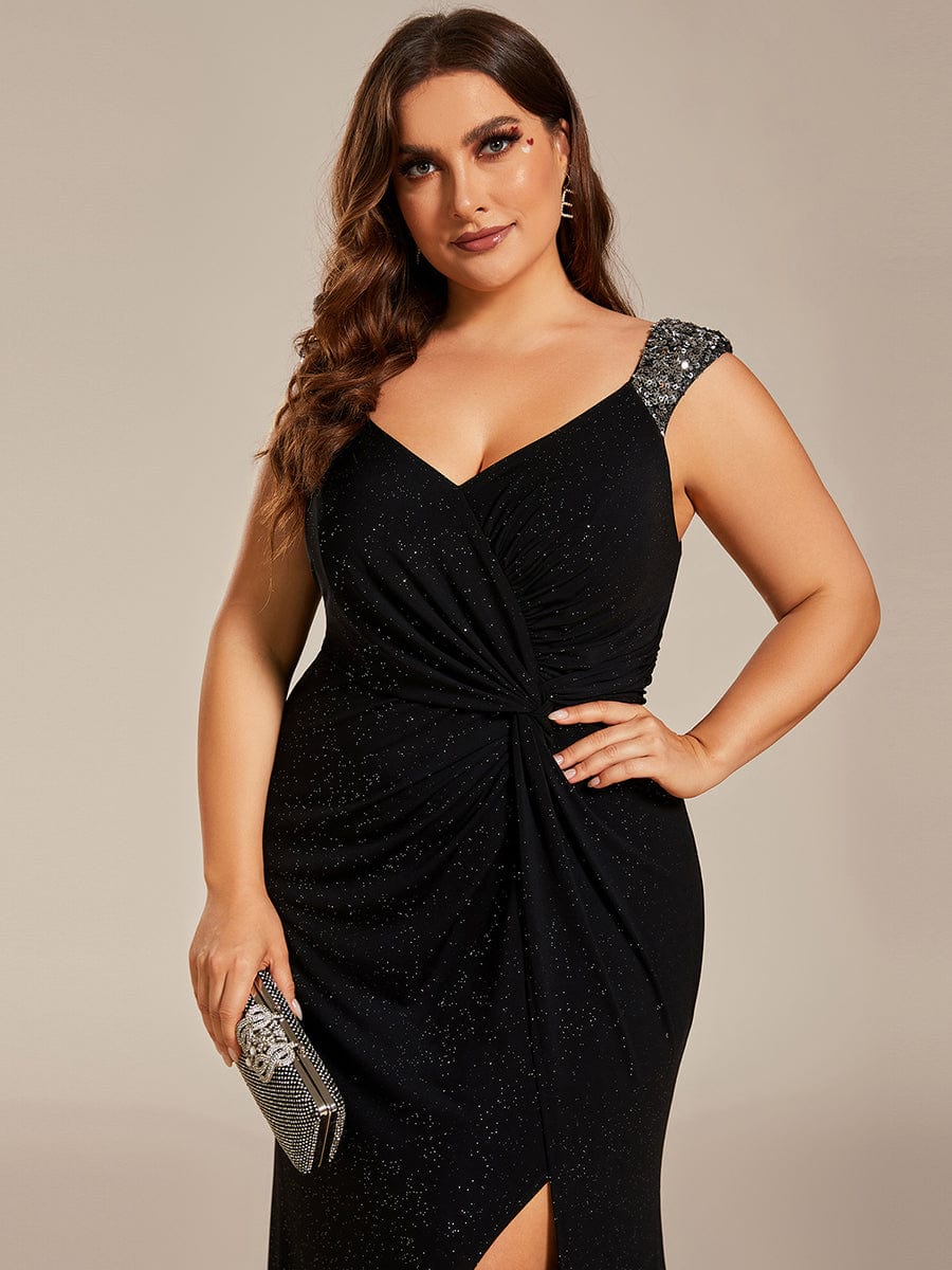 Plus Size Glitter V-Neck High Slit Sequin Shoulder Strap Evening Dress #color_Black