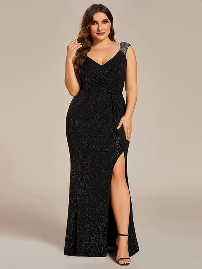 Custom Size Glitter V-Neck High Slit Sequin Shoulder Strap Evening Dress