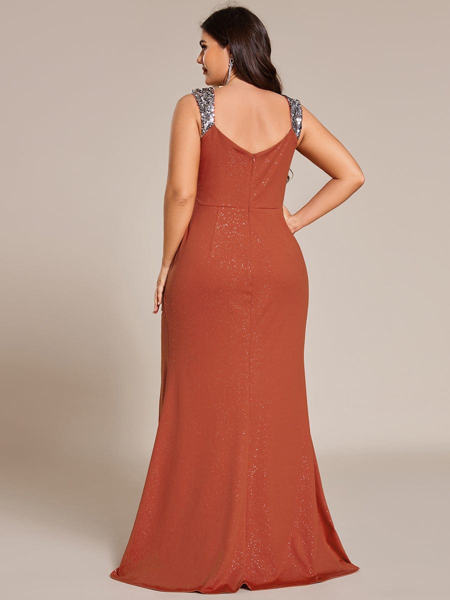 Glitter V-Neck High Slit Sequin Shoulder Strap Evening Dress #color_Burnt Orange