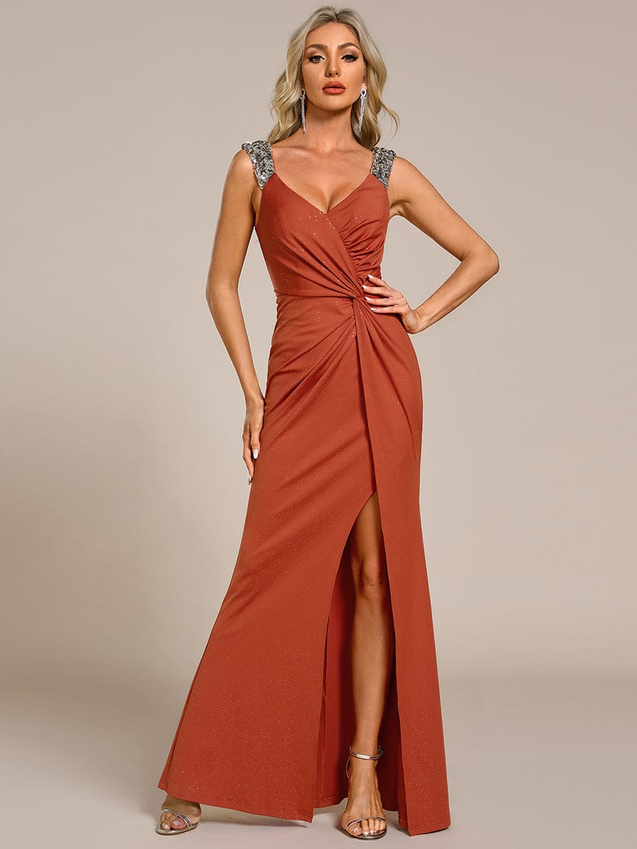 Glitter V-Neck High Slit Sequin Shoulder Strap Evening Dress #color_Burnt Orange