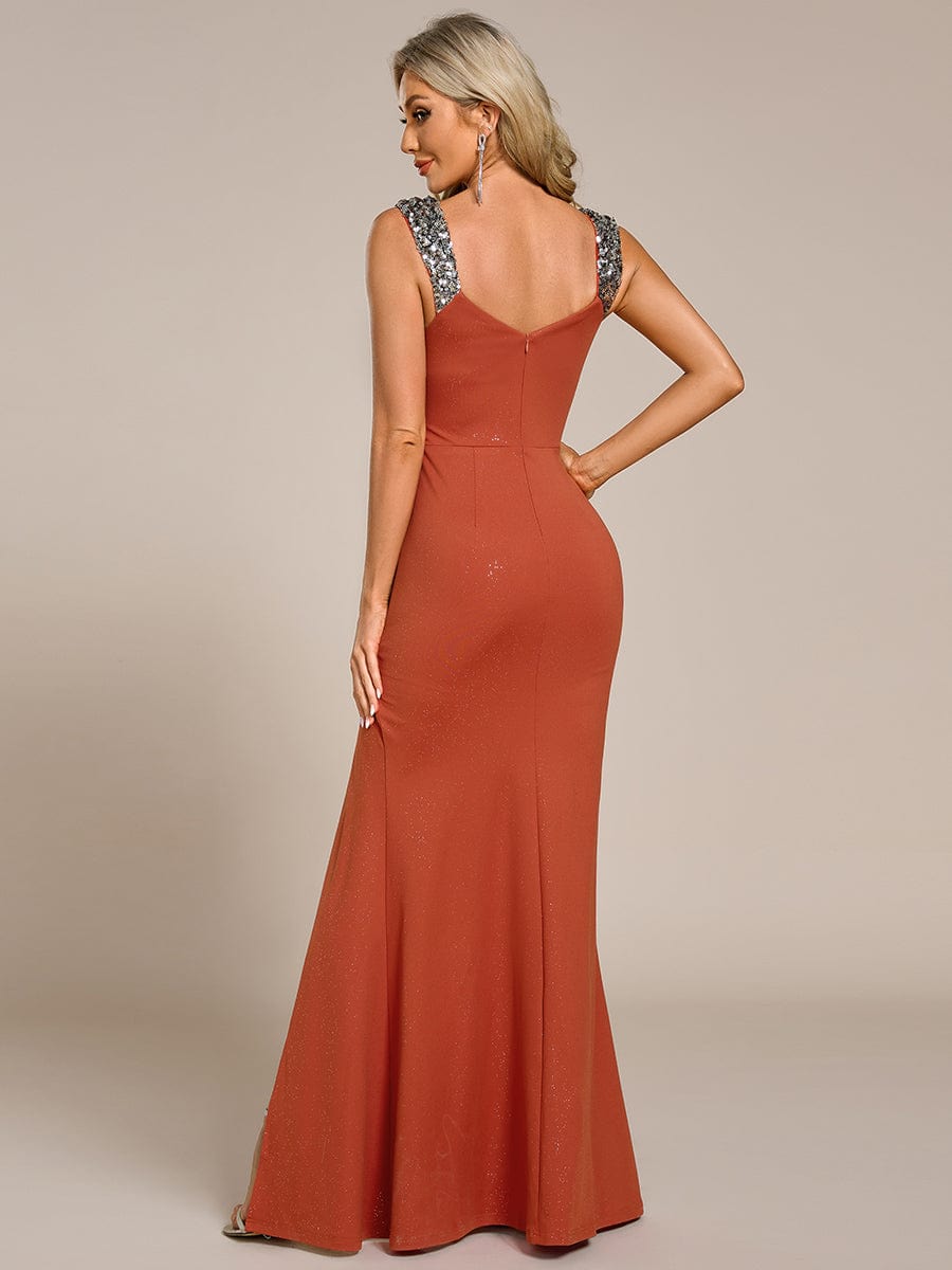 Glitter V-Neck High Slit Sequin Shoulder Strap Evening Dress #color_Burnt Orange