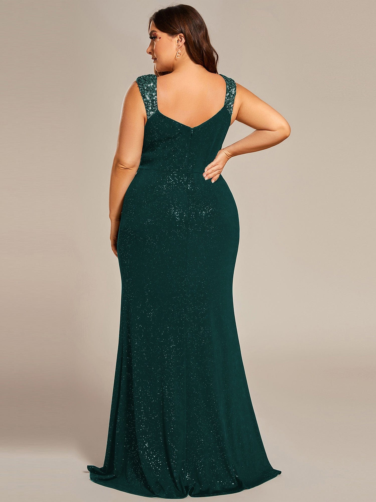 Plus Size Glitter V-Neck High Slit Sequin Shoulder Strap Evening Dress #color_Dark Green