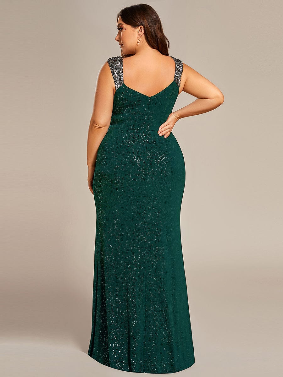 Glitter V-Neck High Slit Sequin Shoulder Strap Evening Dress #color_Dark Green