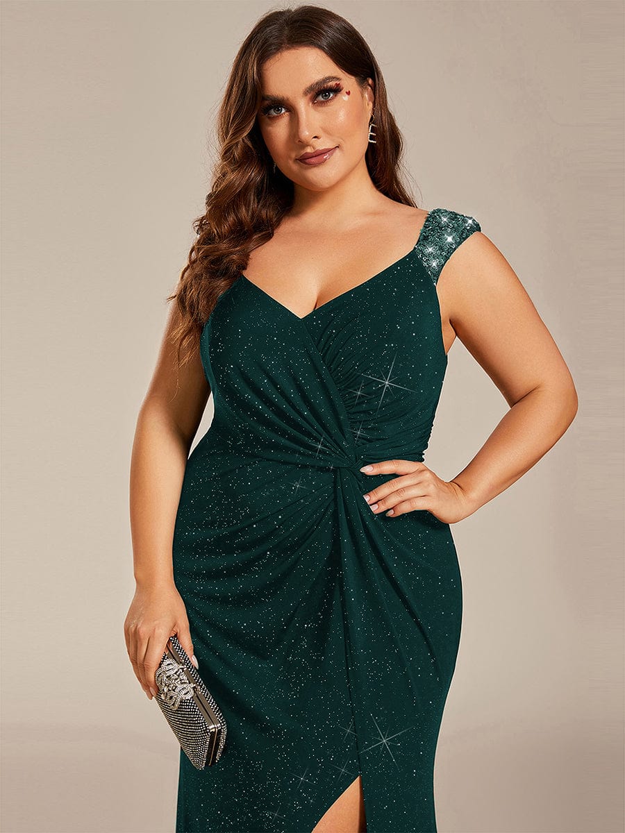 Plus Size Glitter V-Neck High Slit Sequin Shoulder Strap Evening Dress #color_Dark Green