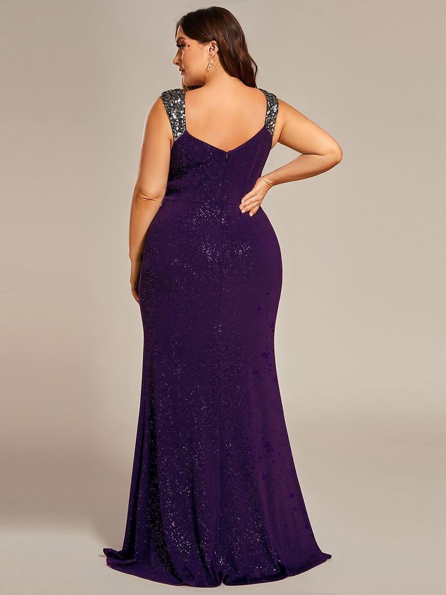 Plus Size Glitter V-Neck High Slit Sequin Shoulder Strap Evening Dress #color_Dark Purple