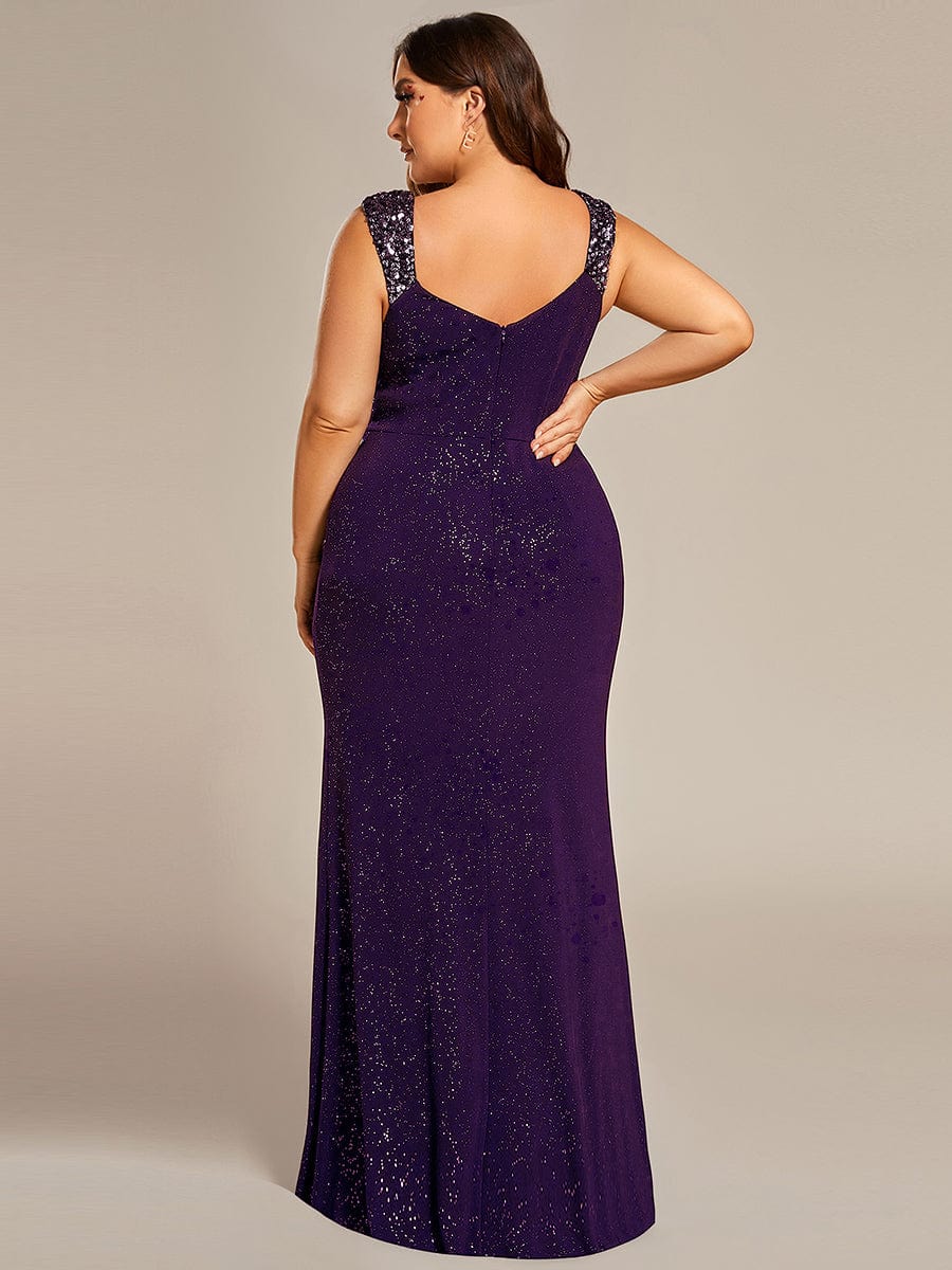 Glitter V-Neck High Slit Sequin Shoulder Strap Evening Dress #color_Dark Purple