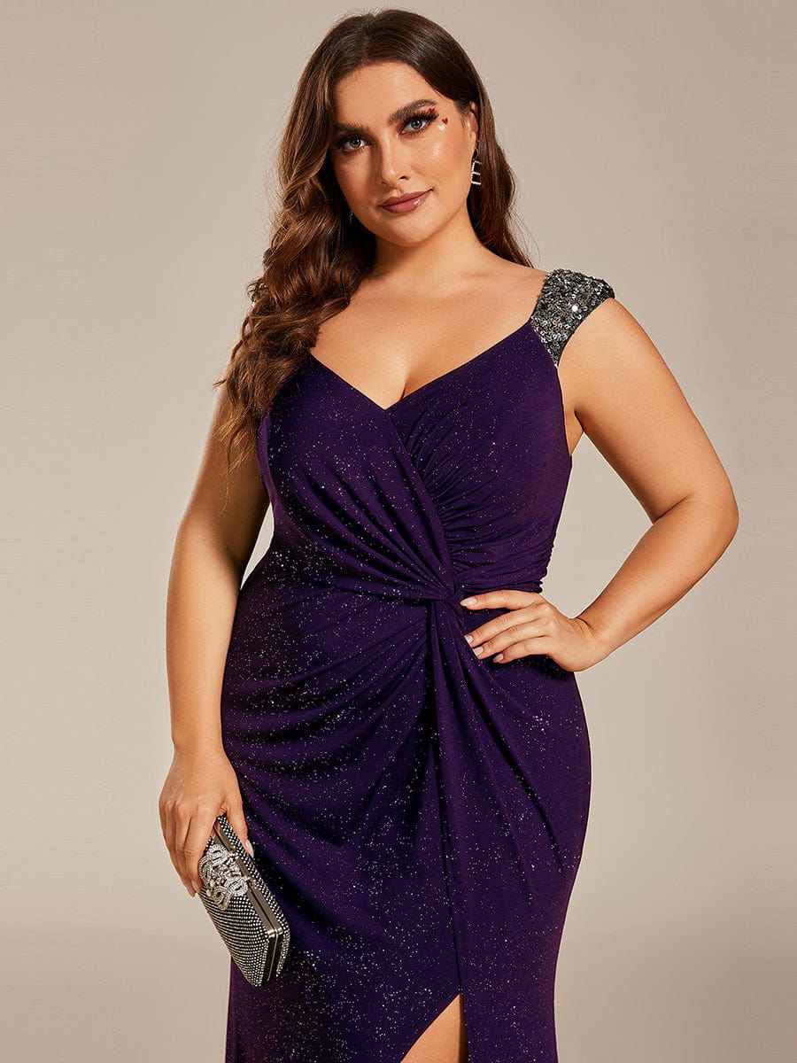 Plus Size Glitter V-Neck High Slit Sequin Shoulder Strap Evening Dress #color_Dark Purple