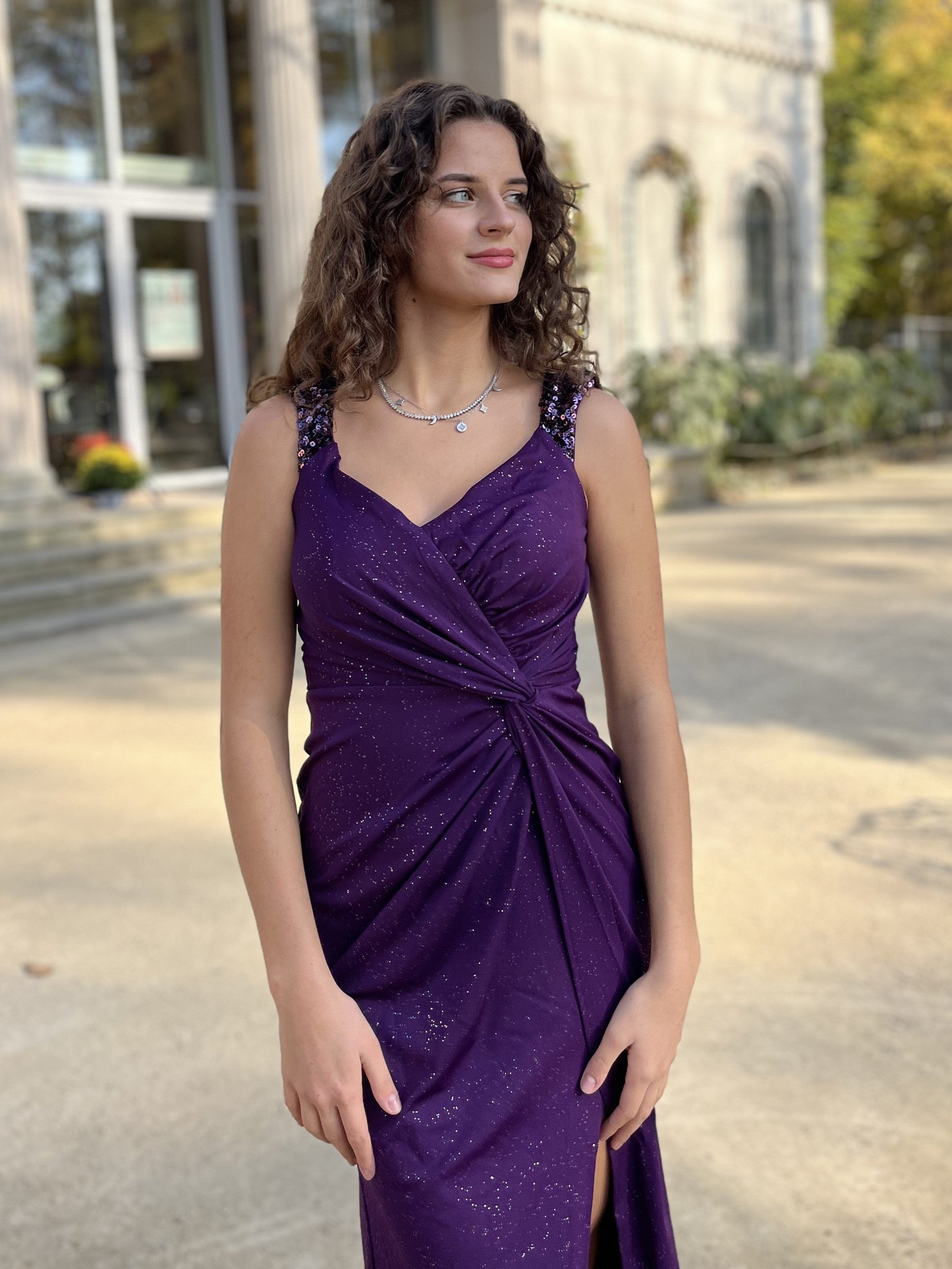 Glitter V-Neck High Slit Sequin Shoulder Strap Evening Dress #color_Dark Purple