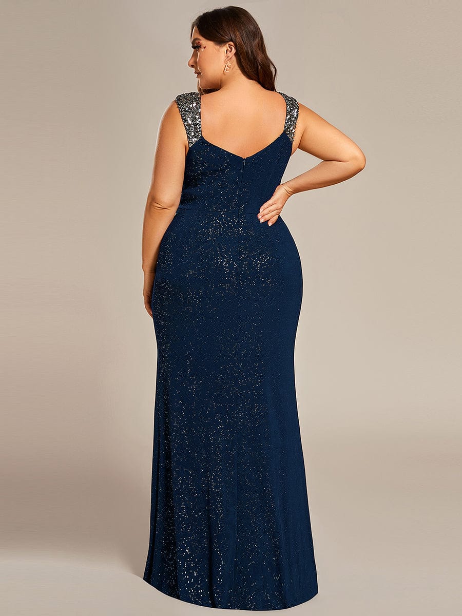 Plus Size Glitter V-Neck High Slit Sequin Shoulder Strap Evening Dress #color_Navy Blue