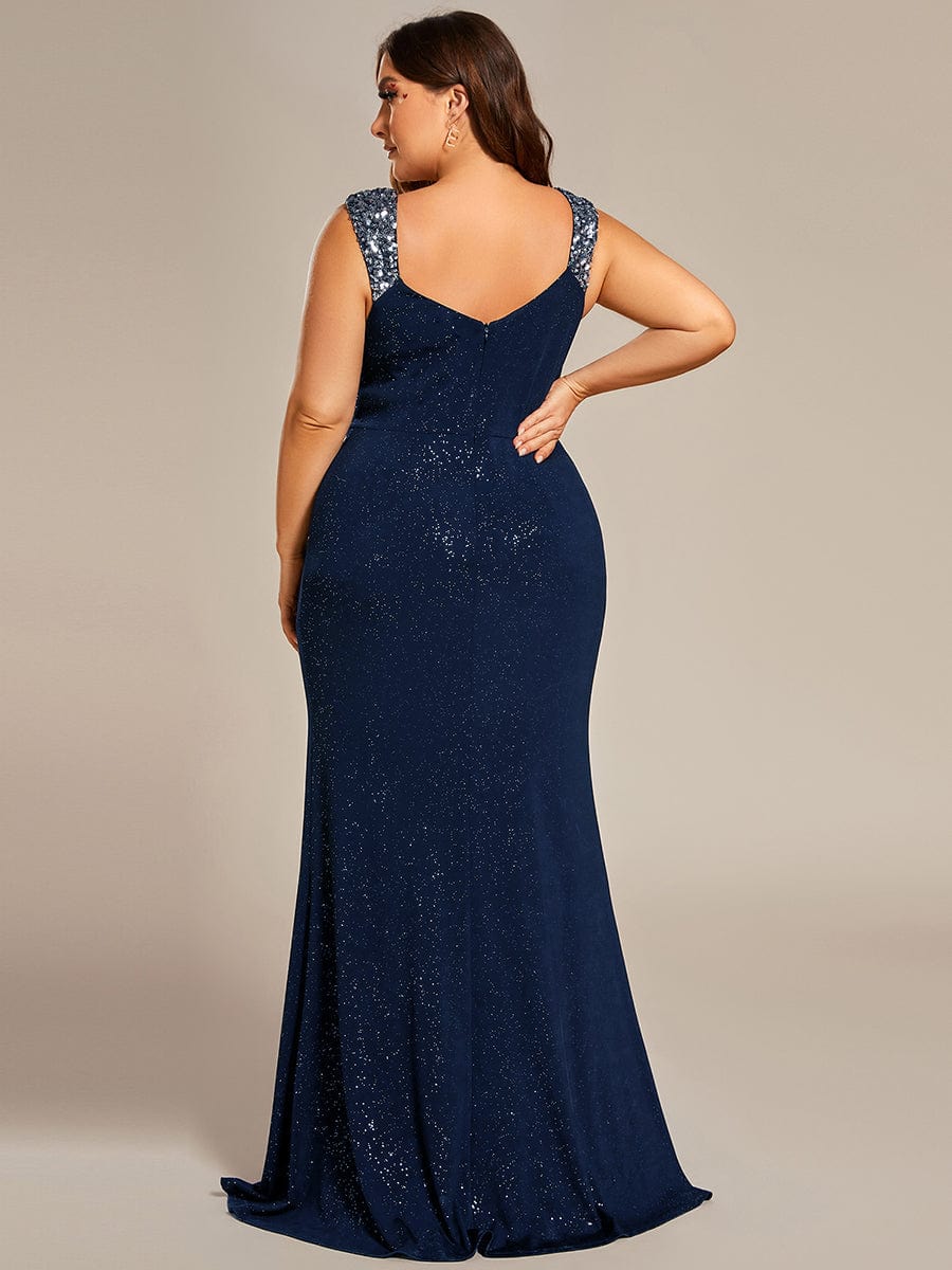 Plus Size Glitter V-Neck High Slit Sequin Shoulder Strap Evening Dress #color_Navy Blue