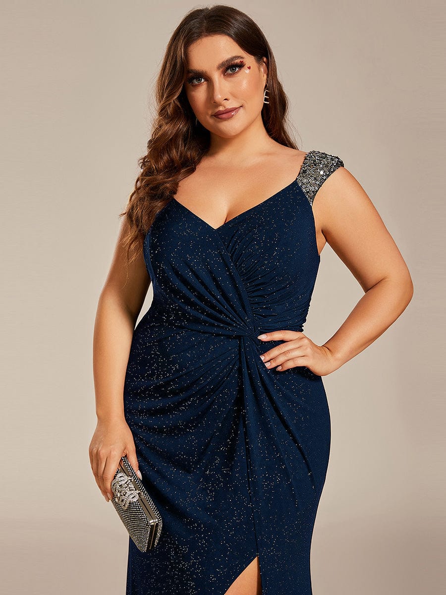 Plus Size Glitter V-Neck High Slit Sequin Shoulder Strap Evening Dress #color_Navy Blue