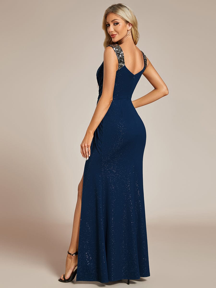 Glitter V-Neck High Slit Sequin Shoulder Strap Wedding Guest Dress #color_Navy Blue