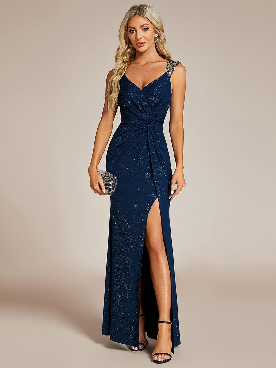 Glitter V-Neck High Slit Sequin Shoulder Strap Evening Dress #color_Navy Blue