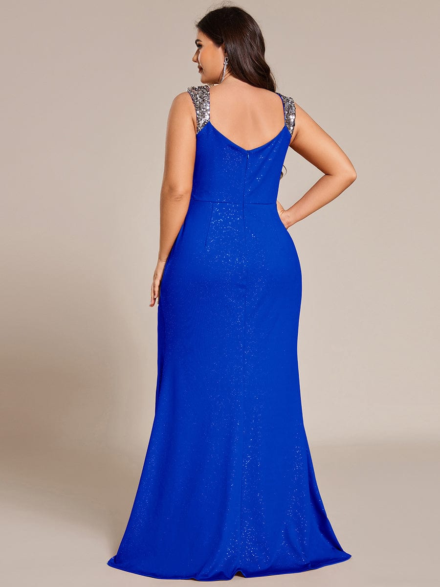 Plus Size Glitter V-Neck High Slit Sequin Shoulder Strap Evening Dress #color_Sapphire Blue