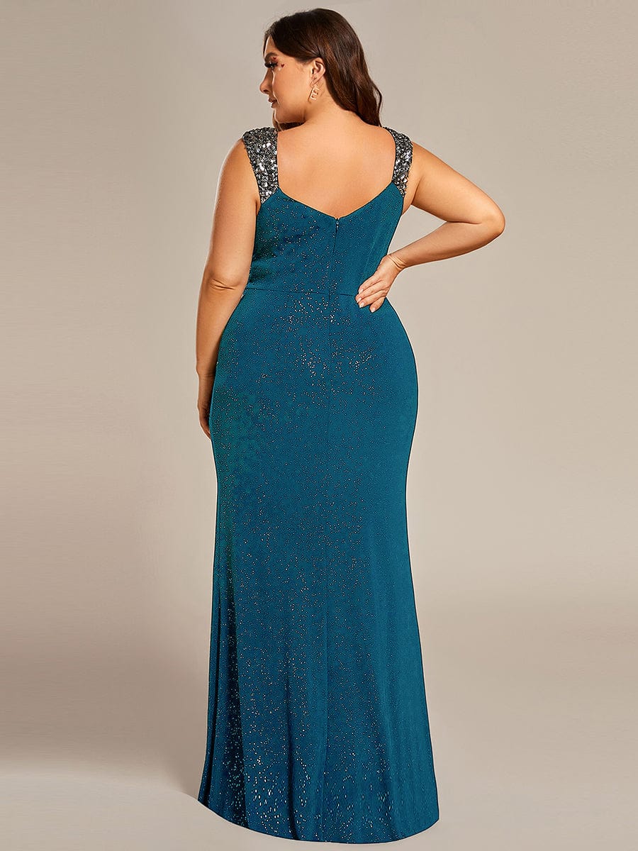 Plus Size Glitter V-Neck High Slit Sequin Shoulder Strap Evening Dress #color_Teal