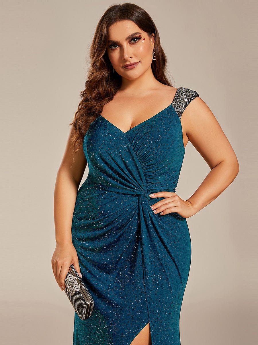 Plus Size Glitter V-Neck High Slit Sequin Shoulder Strap Evening Dress #color_Teal