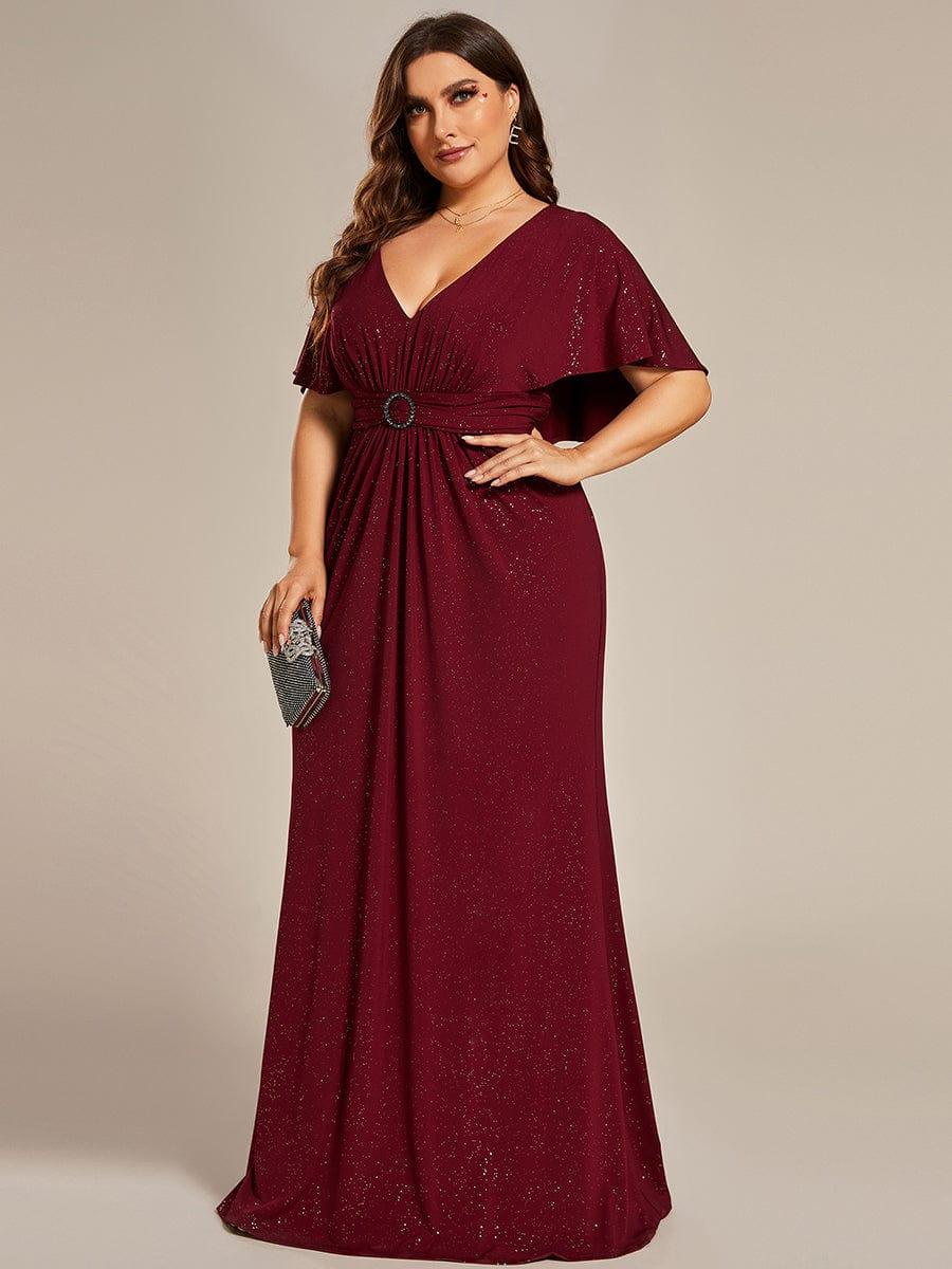 Custom Size Glitter Bat-Wing Sleeve Waist-Cinching Mermaid Formal Evening Dress #color_Burgundy