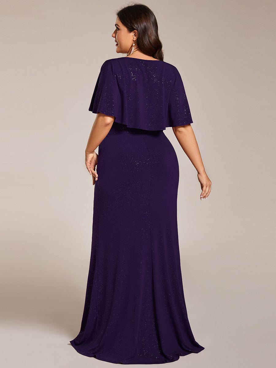 Glittery V-Neck Pleated Bat-Wing Sleeve Bodycon Waist-Cinching Evening Dress #color_Dark Purple