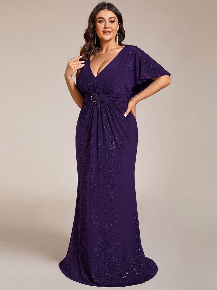 Glittery V-Neck Pleated Bat-Wing Sleeve Bodycon Waist-Cinching Evening Dress #color_Dark Purple