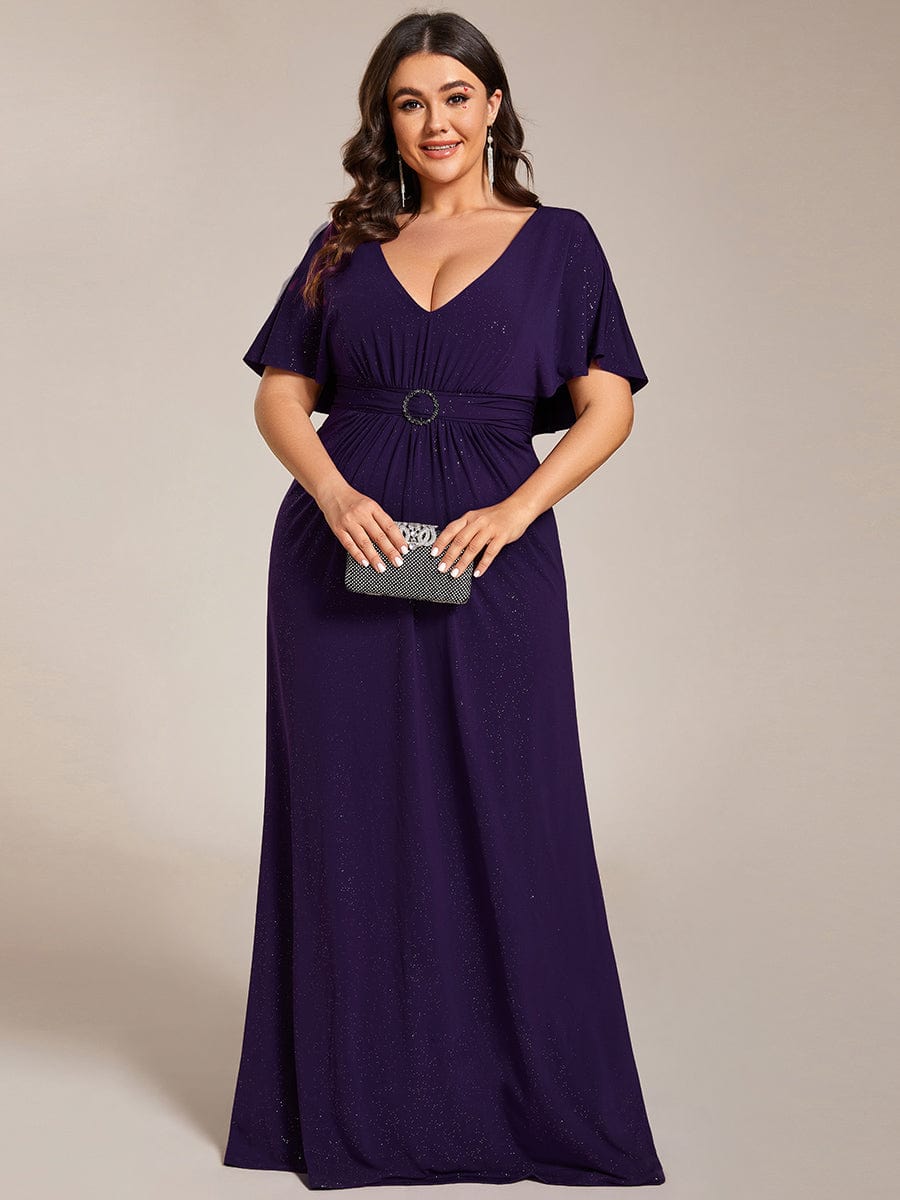 Glittery V-Neck Pleated Bat-Wing Sleeve Bodycon Waist-Cinching Evening Dress #color_Dark Purple