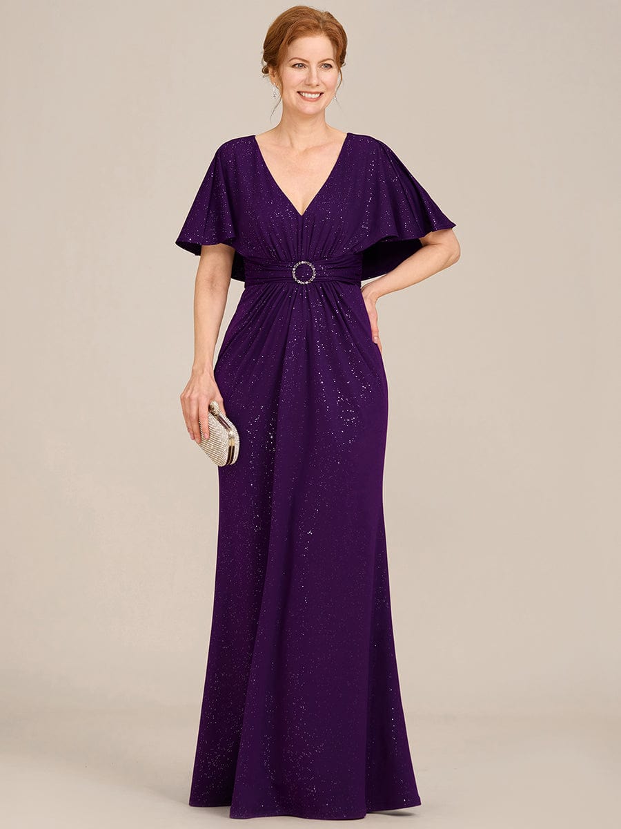 Glittery V-Neck Pleated Bat-Wing Sleeve Bodycon Waist-Cinching Evening Dress #color_Dark Purple